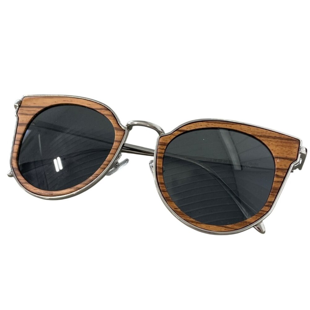 Earth Karekare Sunglasses Unisex Faux Wood Silver Arms Gray Lenses UV Protection